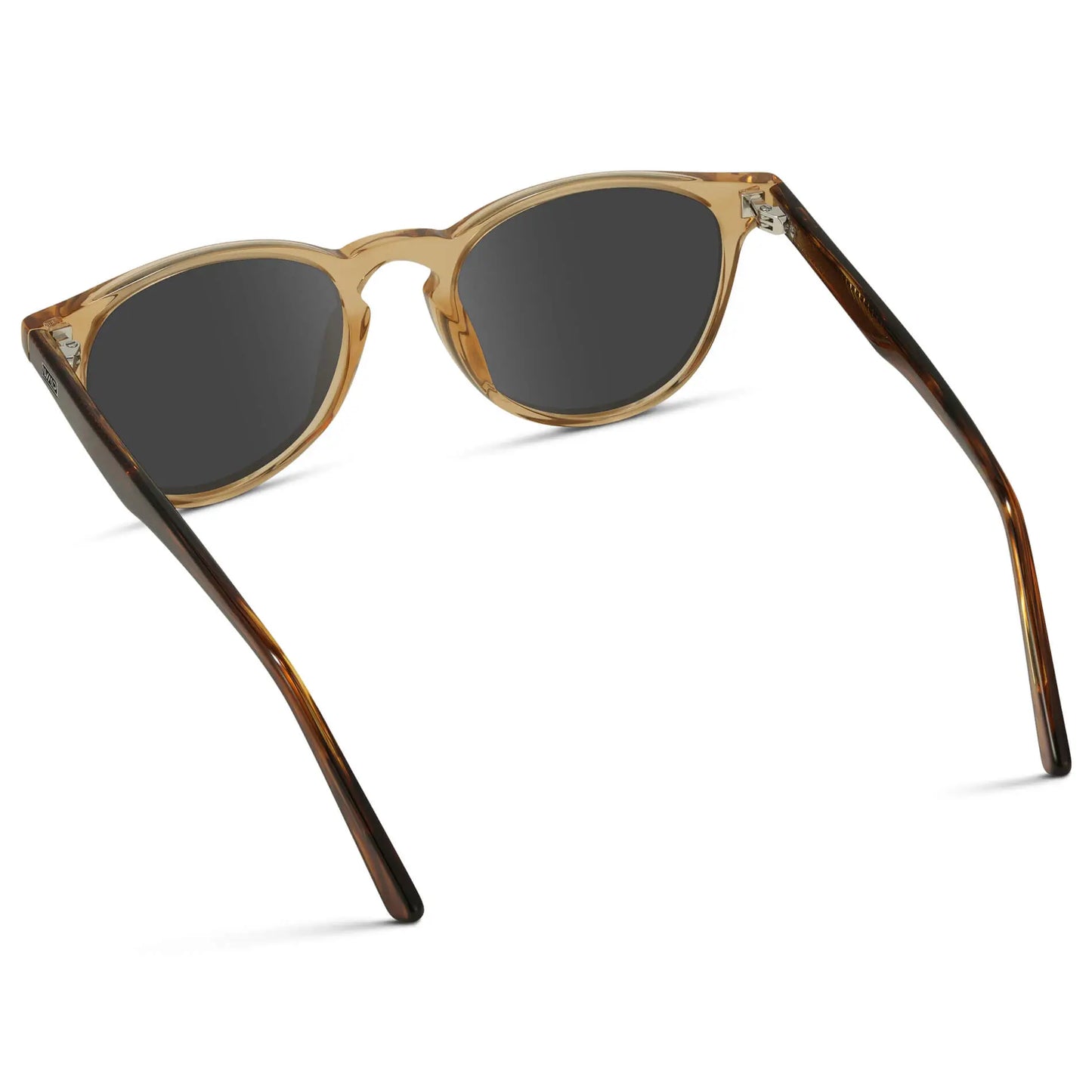 Crystal Brown Marble / Grey || Back view of Men's Round Prescription Sunglasses with Crystal Brown Marble Frame and Grey Lenses on a white background