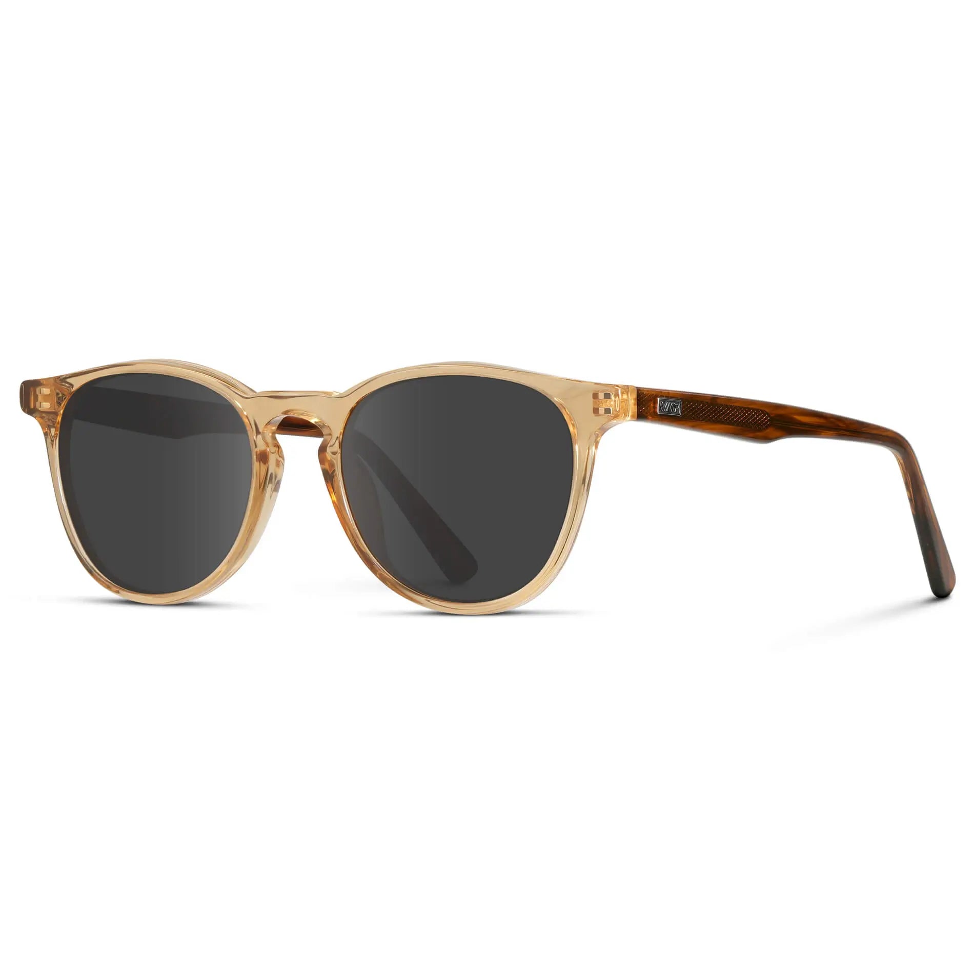 Crystal Brown Marble / Grey || Side view of Men's Round Prescription Sunglasses with Crystal Brown Marble Frame and Grey Lenses on a white background