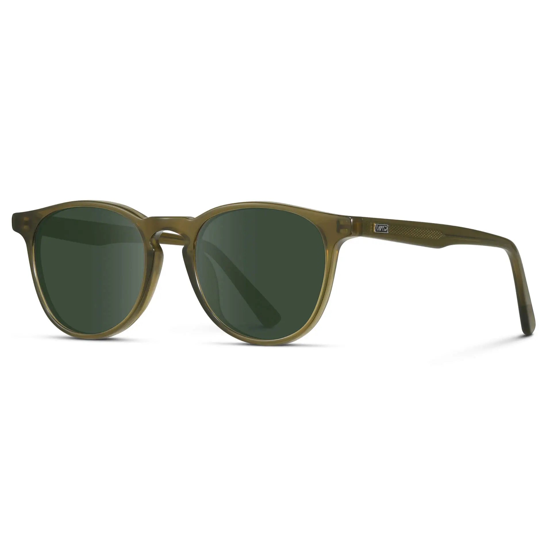 Saguaro Green / G15 || Side view of Men's Round Prescription Sunglasses with Saguaro Green Frame and Green Lenses on a white background
