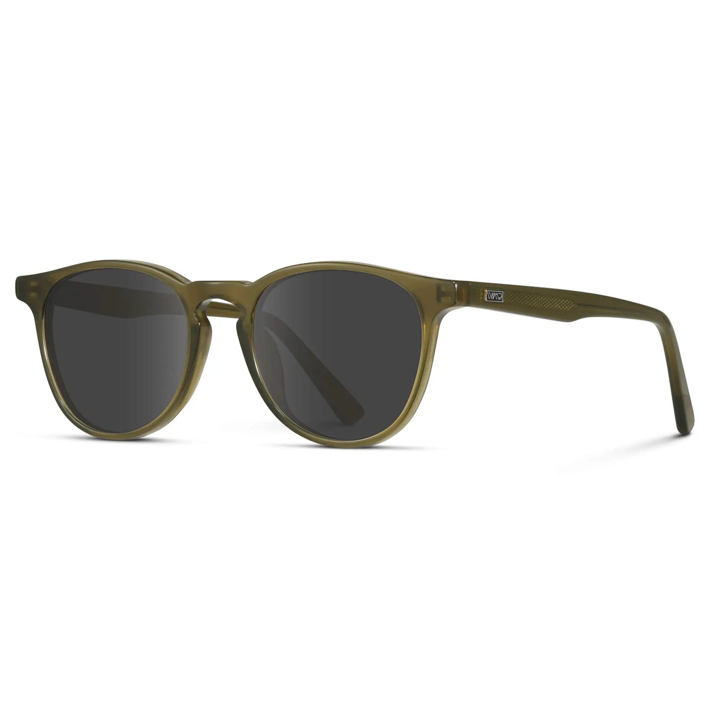 Saguaro Green / Grey || Side view of Men's Round Prescription Sunglasses with Saguaro Green Frame and Grey Lenses on a white background