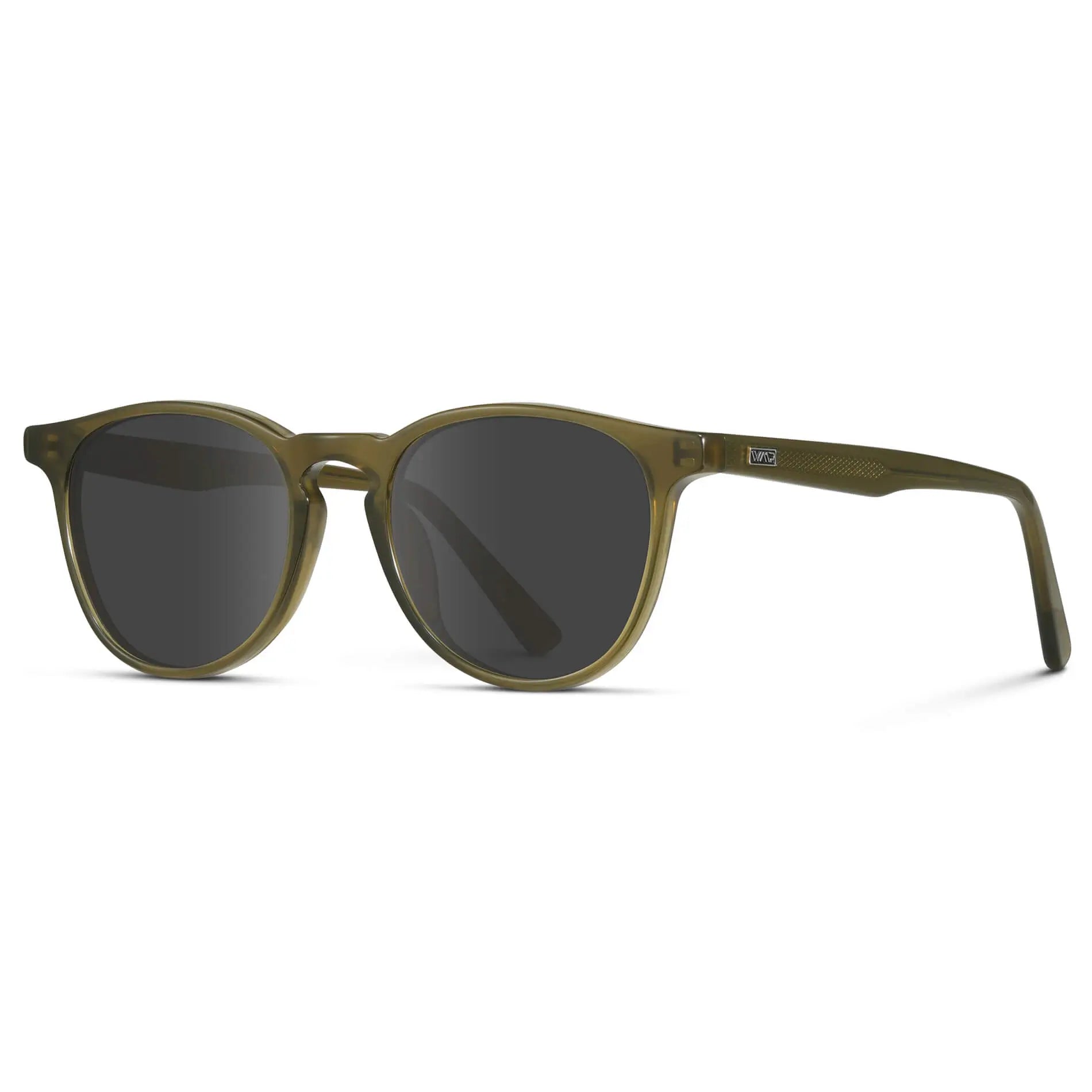 Saguaro Green / Grey || Side view of Men's Round Prescription Sunglasses with Saguaro Green Frame and Grey Lenses on a white background