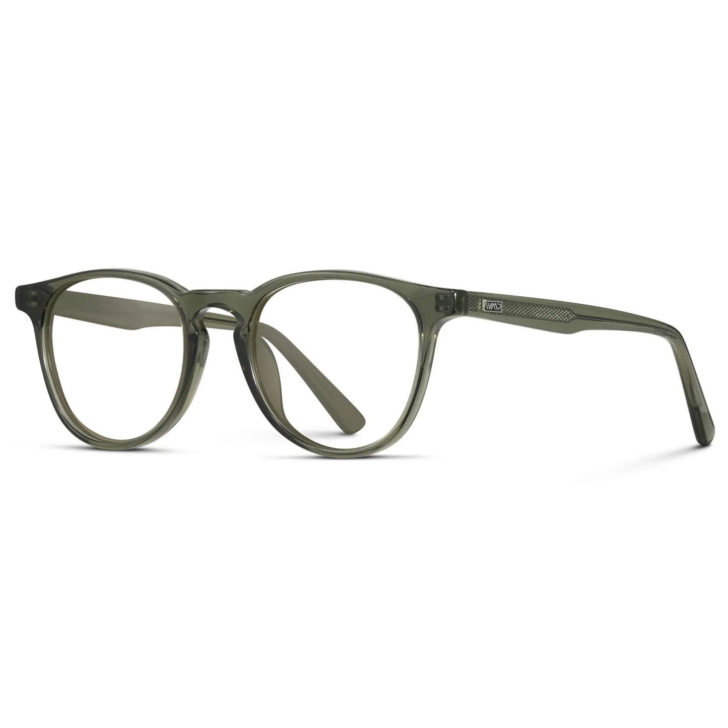 Crystal Sage || Side view of Men's Round Prescription Eyeglasses with Green Frame and Clear Lenses on a white background