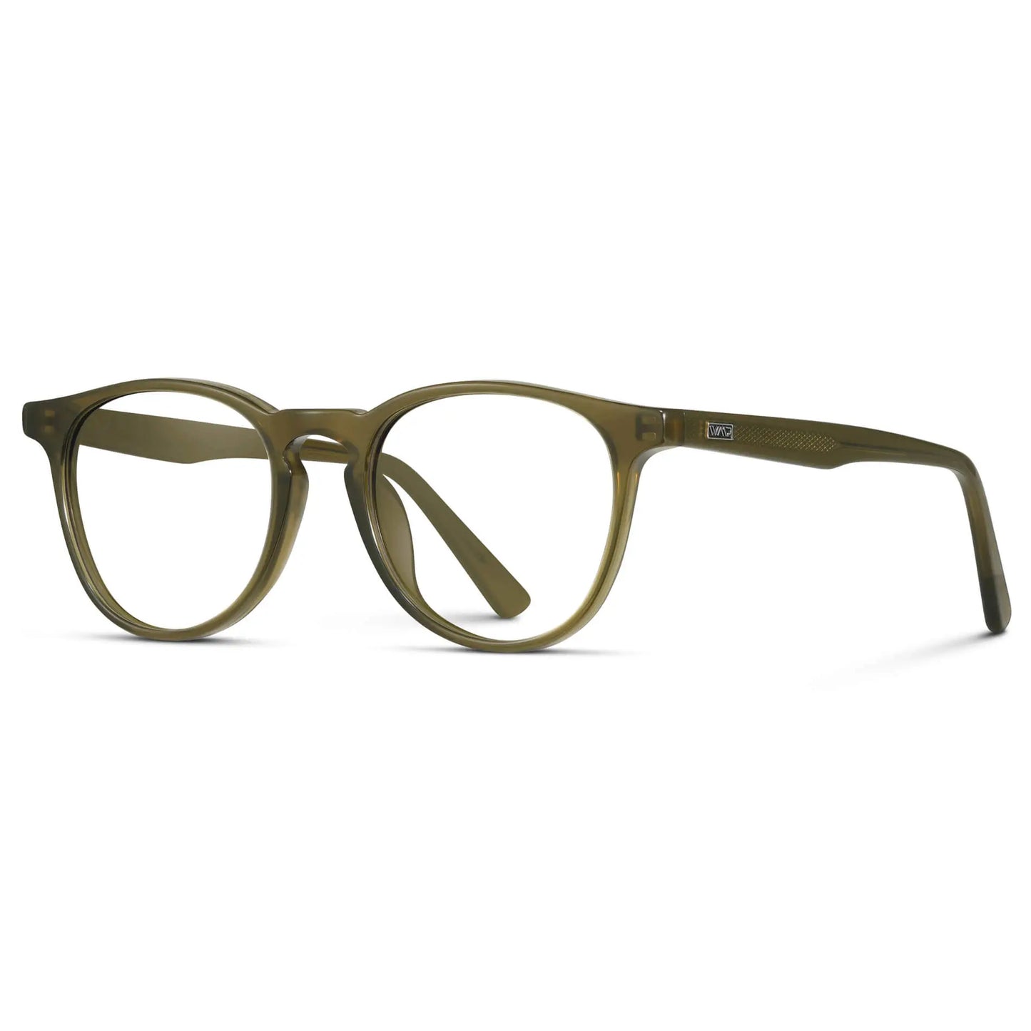 Saguaro Green || Side view of Men's Round Prescription Eyeglasses with Saguaro Green Frame and Clear Lenses on a white background