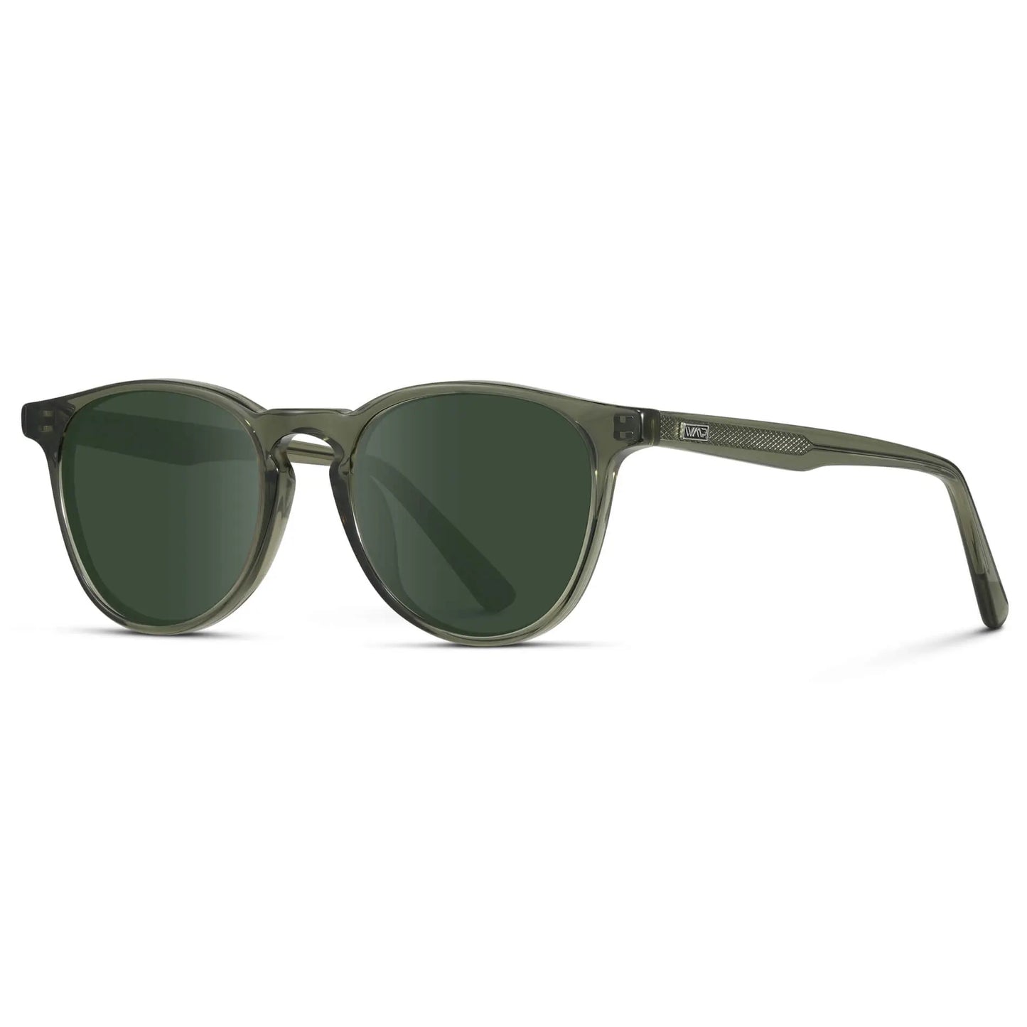 Crystal Sage / G15 || Side view of Men's Round Prescription Sunglasses with Crystal Sage Frame and Green Lenses on a white background