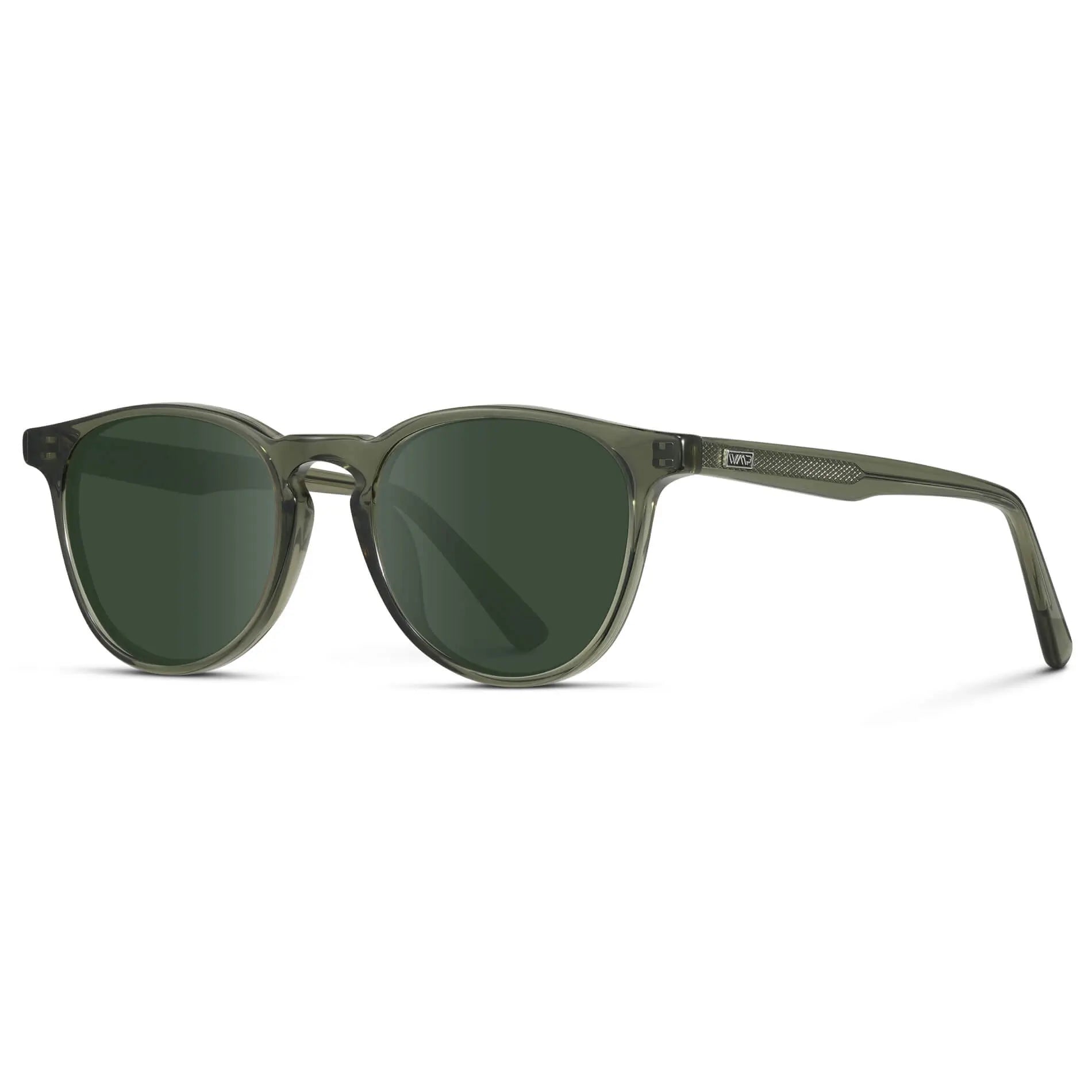 Crystal Sage / G15 || Side view of Men's Round Prescription Sunglasses with Crystal Sage Frame and Green Lenses on a white background