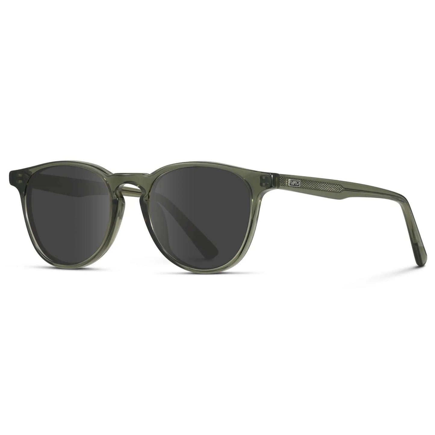 Crystal Sage / Grey || Side view of Men's Round Prescription Sunglasses with Crystal Sage Frame and Grey Lenses on a white background