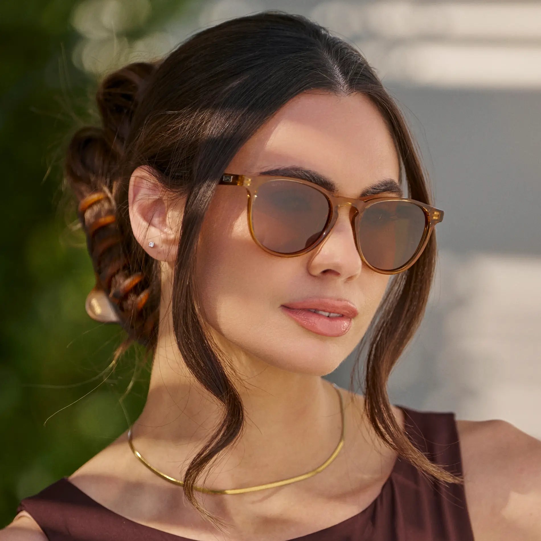 Crystal Brown Marble / Amber Lens || Round Sunglasses with Yellow Frame and Brown Lenses