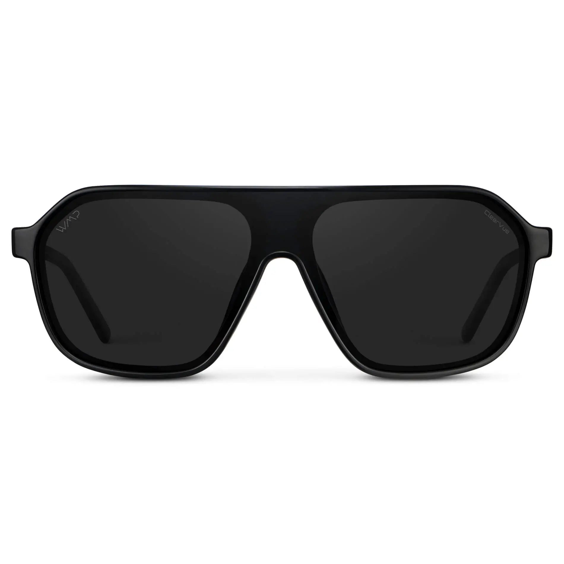 Black / Black Lens || Men's Rectangular Aviator Shield Sunglasses with Black Acetate Frame and Black Polarized Lens