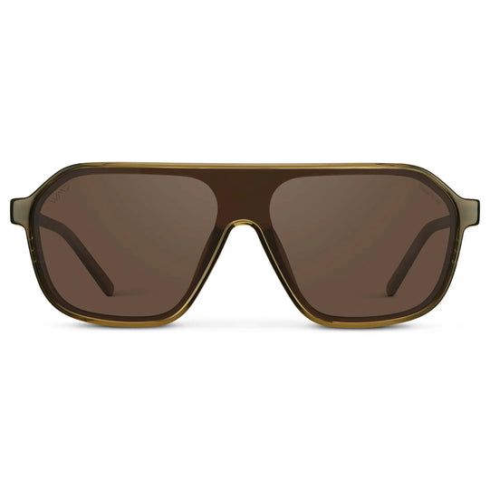 Crystal Verde / Brown Lens || Men's Rectangular Aviator Shield Sunglasses with Crystal Verde Acetate Frame and Brown Polarized Lens