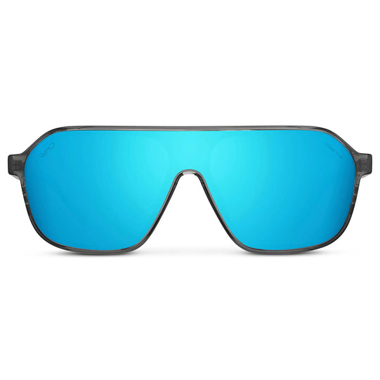 Ash Grey / Mirror Blue Lens || Men's Rectangular Aviator Shield Sunglasses with Ash Grey Acetate Frame and Blue Mirrored Polarized Lens