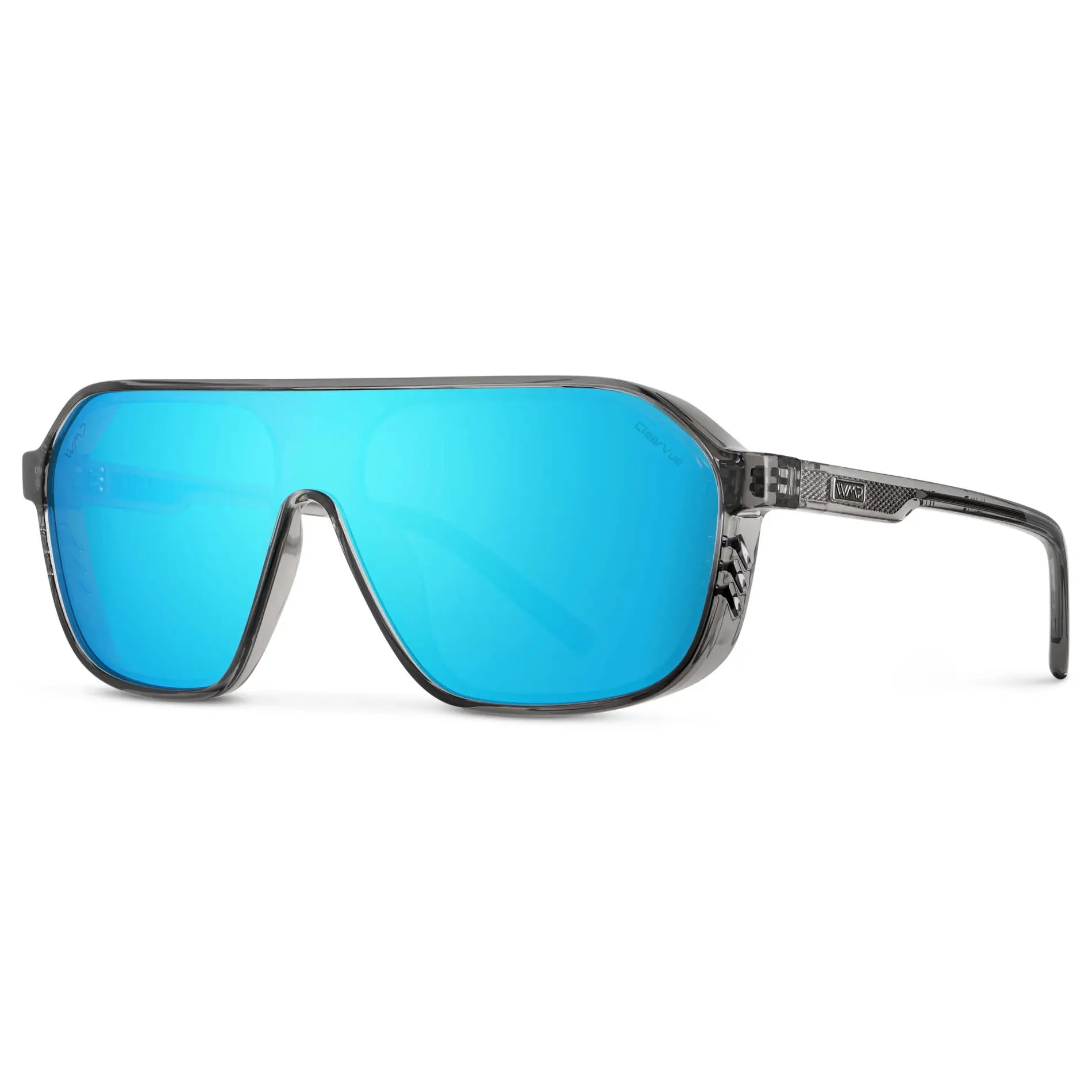 Ash Grey / Mirror Blue Lens || Men's Rectangular Aviator Shield Sunglasses with Ash Grey Acetate Frame and Blue Mirrored Polarized Lens
