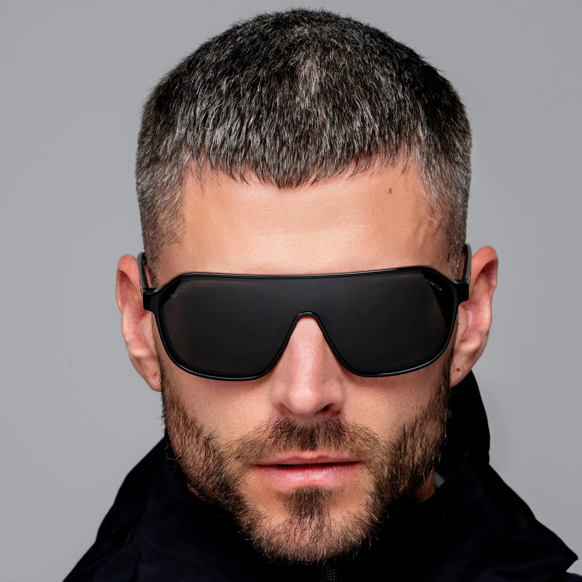 Black / Black Lens || Men's Rectangular Aviator Shield Sunglasses with Black Acetate Frame and Black Polarized Lens