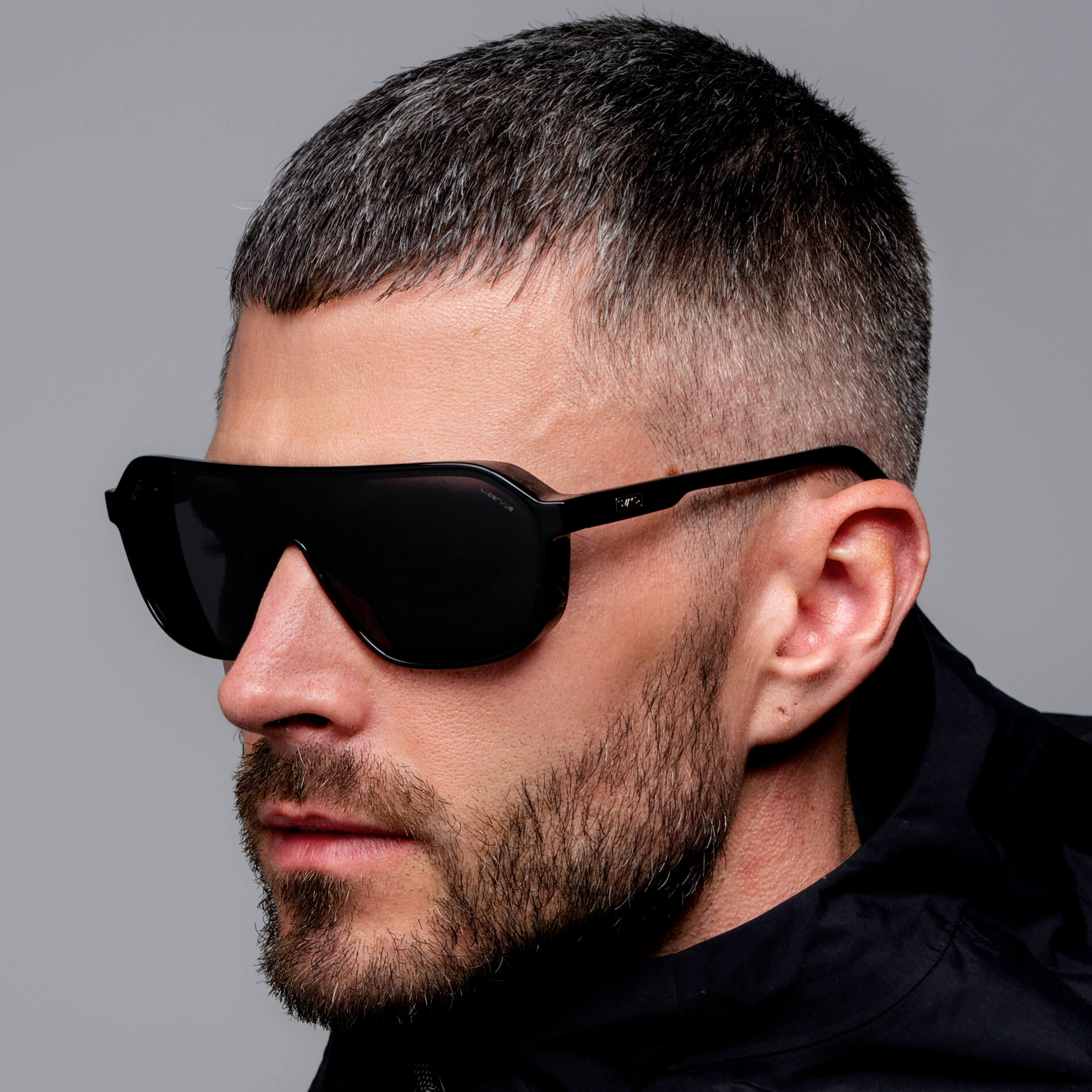 Black / Black Lens || Men's Rectangular Aviator Shield Sunglasses with Black Acetate Frame and Black Polarized Lens