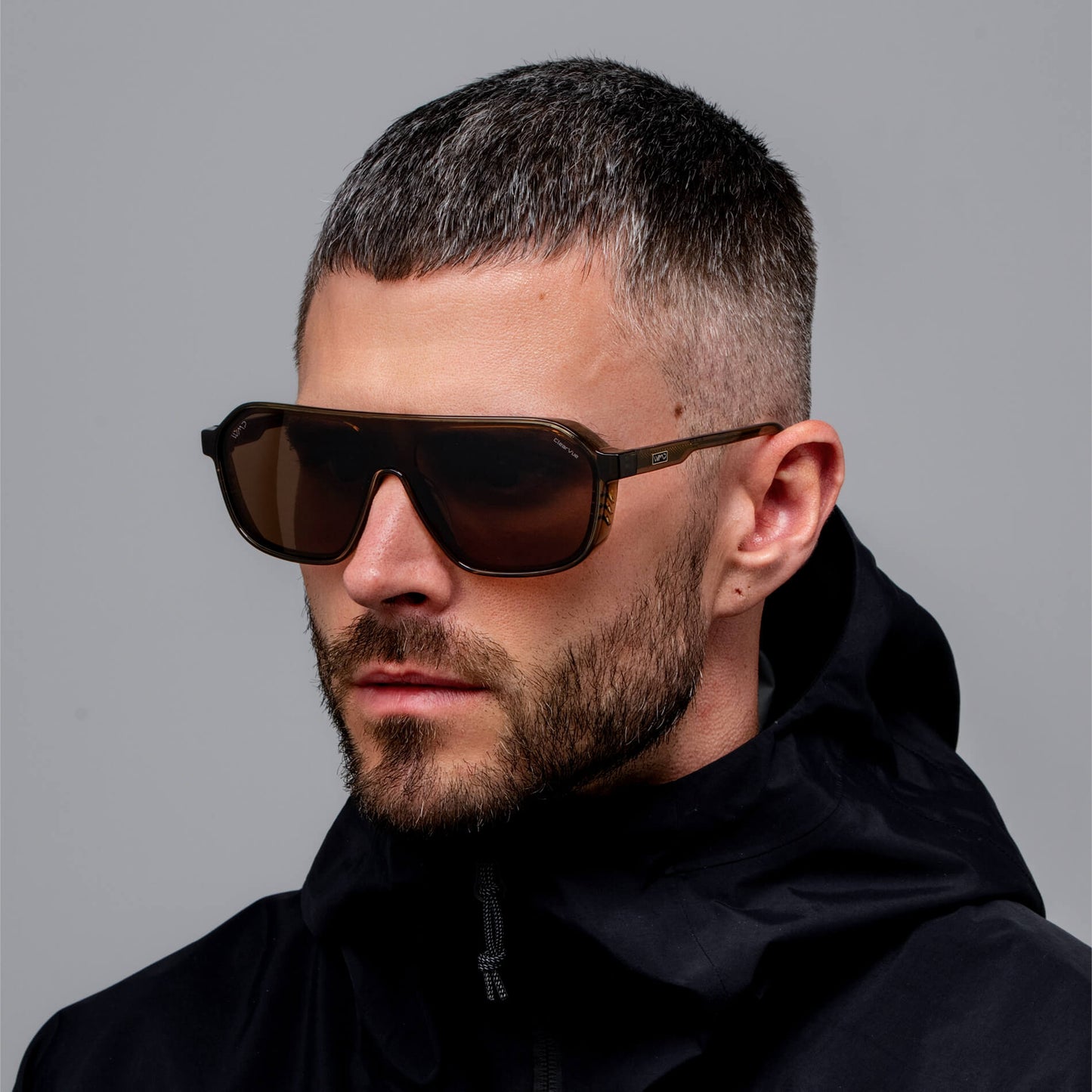 Crystal Verde / Brown Lens || Men's Rectangular Aviator Shield Sunglasses with Crystal Verde Acetate Frame and Brown Polarized Lens