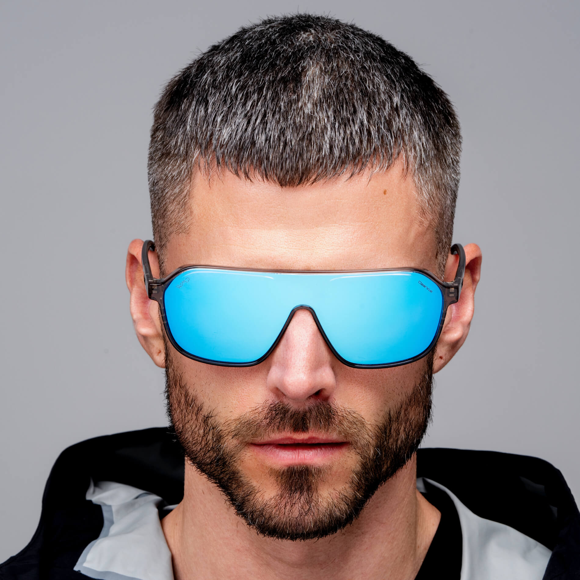 Ash Grey / Mirror Blue Lens || Men's Rectangular Aviator Shield Sunglasses with Ash Grey Acetate Frame and Blue Mirrored Polarized Lens