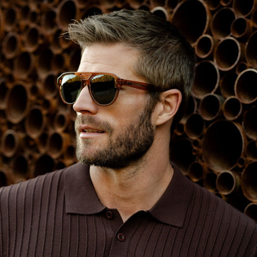 Crystal Copper / Smoke Green Lens || Brown Aviator Frame Sunglasses with Green Polarized Lenses