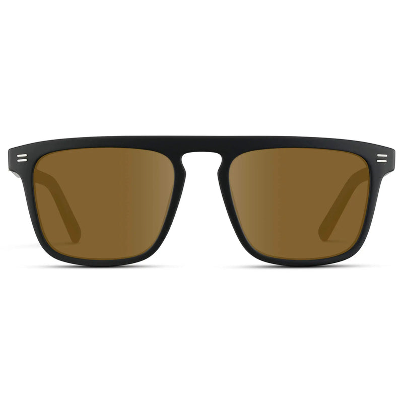 Matte Black / Amber || Front view of Men's Sleek and Modern Prescription Sunglasses with Matte Black Frame and Brown Lenses