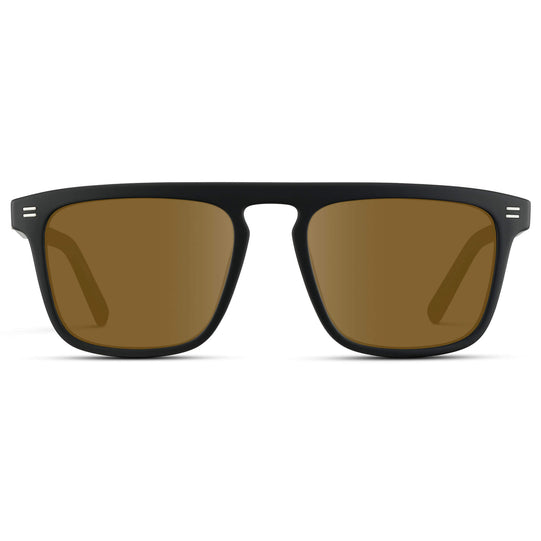 Matte Black / Amber Lens || Sleek and modern eyeglasses with thick, straight lines with slightly rounded corners in matte black frame with Amber lenses