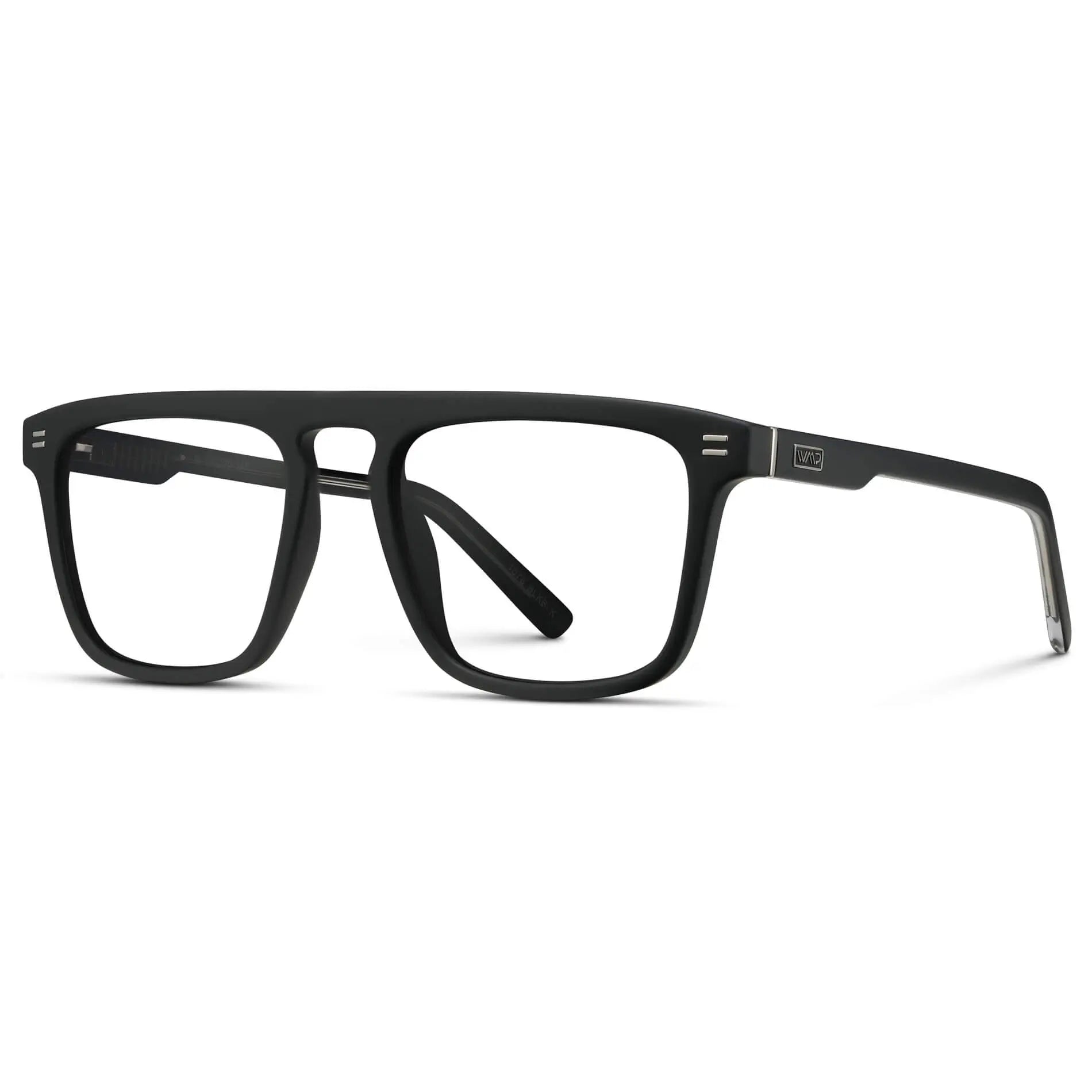 Matte Black || Side view of Men's Oversized Square Prescription Glasses with Black Frames and Clear Lenses on a white background