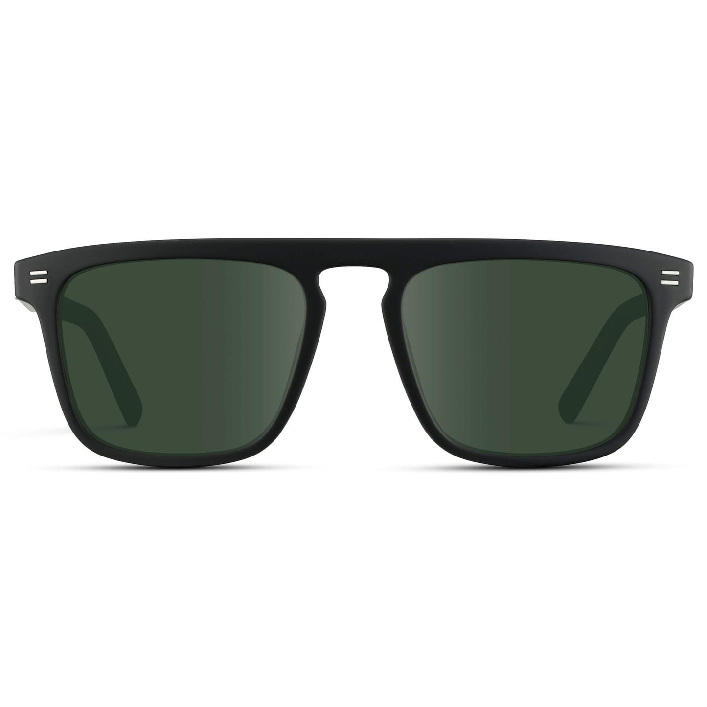 Matte Black / G15 Lens || Sleek and modern eyeglasses with thick, straight lines with slightly rounded corners in matte black frame with Green lenses