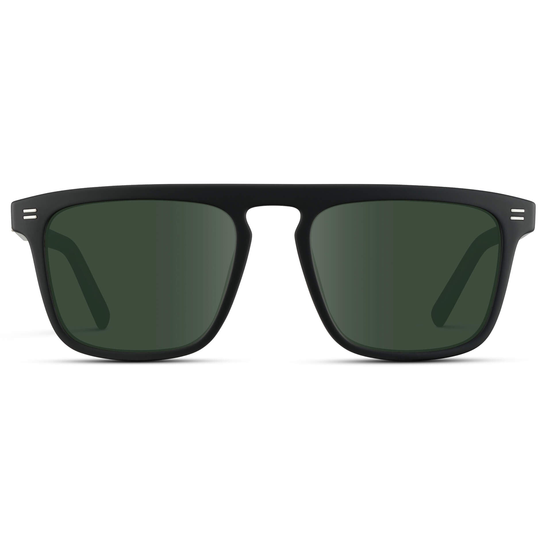 Matte Black / G15 Lens || Sleek and modern eyeglasses with thick, straight lines with slightly rounded corners in matte black frame with Green lenses