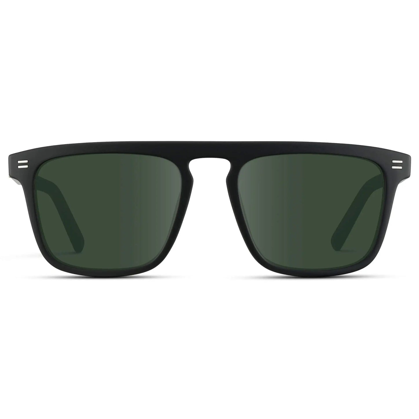 Matte Black / G15 || Front view of Men's Sleek and Modern Prescription Sunglasses with Matte Black Frame and Green Lenses