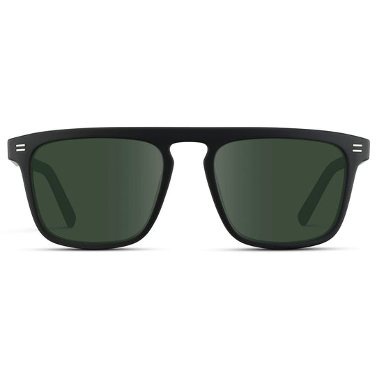 Matte Black / G15 Lens || Sleek and modern eyeglasses with thick, straight lines with slightly rounded corners in matte black frame with Green lenses