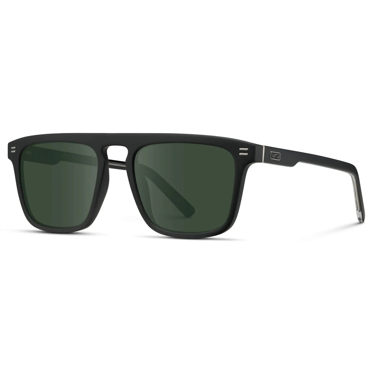Matte Black / G15 || Side view of Men's Sleek and Modern Prescription Sunglasses with Matte Black Frame and Green Lenses