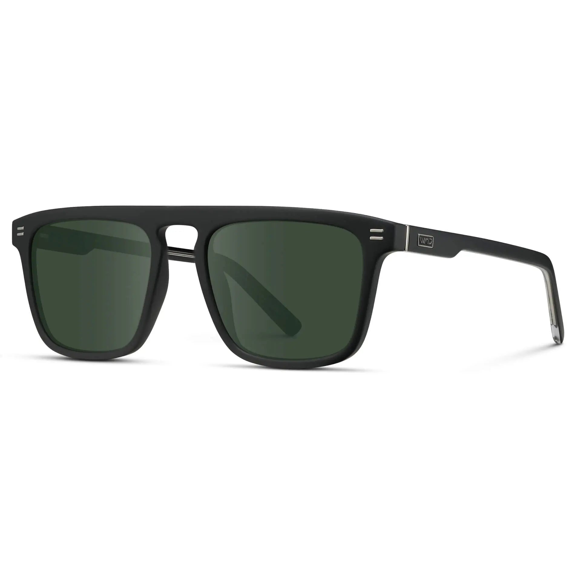 Matte Black / G15 || Side view of Men's Sleek and Modern Prescription Sunglasses with Matte Black Frame and Green Lenses