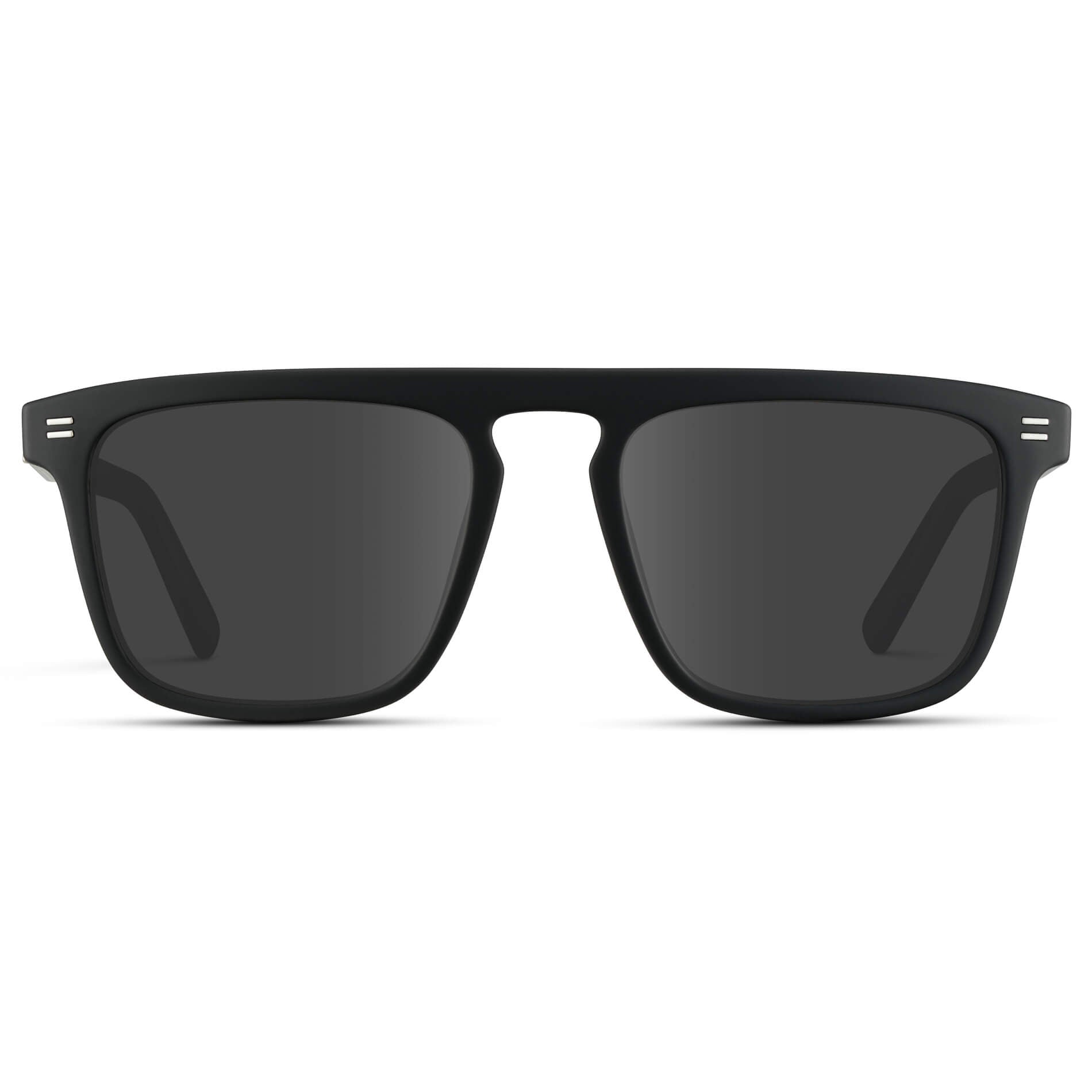 Matte Black / Grey Lens || Sleek and modern eyeglasses with thick, straight lines with slightly rounded corners in matte black frame with Grey lenses