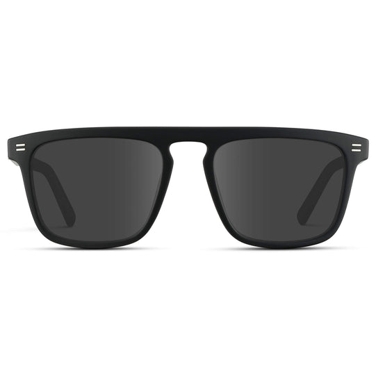 Matte Black / Grey Lens || Sleek and modern eyeglasses with thick, straight lines with slightly rounded corners in matte black frame with Grey lenses