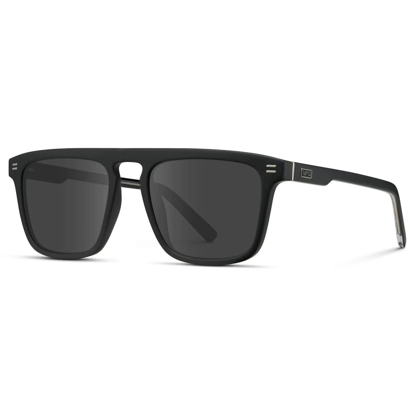 Matte Black / Grey || Side view of Men's Sleek and Modern Prescription Sunglasses with Matte Black Frame and Grey Lenses