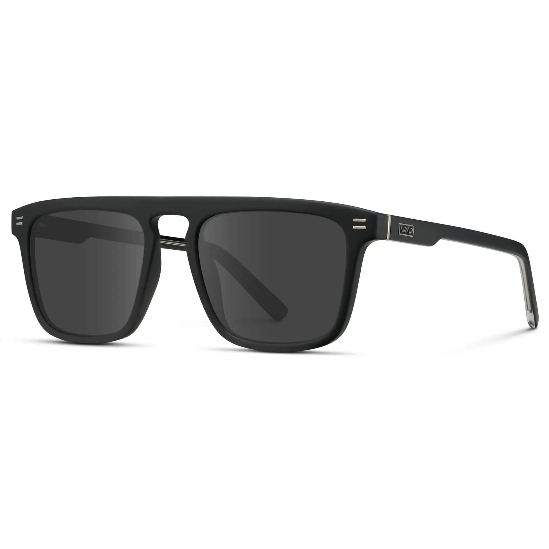 Matte Black / Grey || Side view of Men's Sleek and Modern Prescription Sunglasses with Matte Black Frame and Grey Lenses