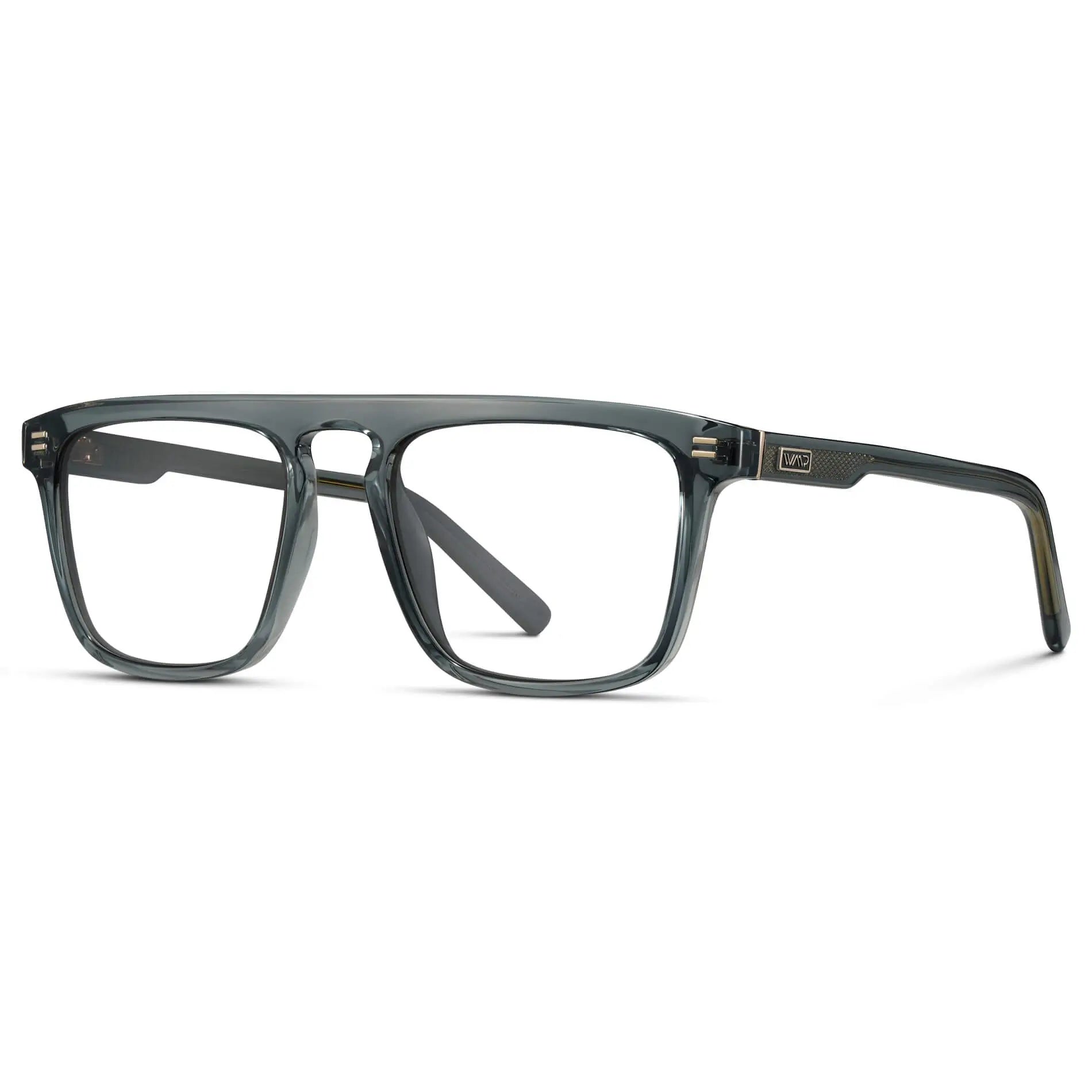 Crystal Stone Blue || Side view of Men's Oversized Square Prescription Glasses with Crystal Stone Blue Frames and Clear Lenses on a white background