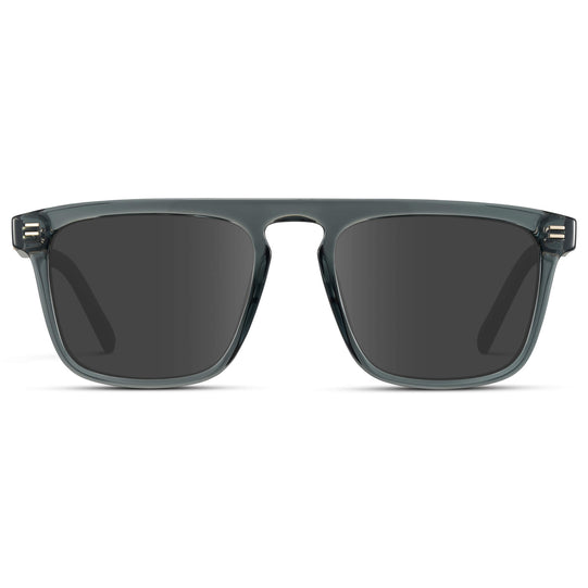 Crystal Stone Blue / Grey Lens || Sleek and modern eyeglasses with thick, straight lines with slightly rounded corners in nautical crystal blue frame with dark grey lenses
