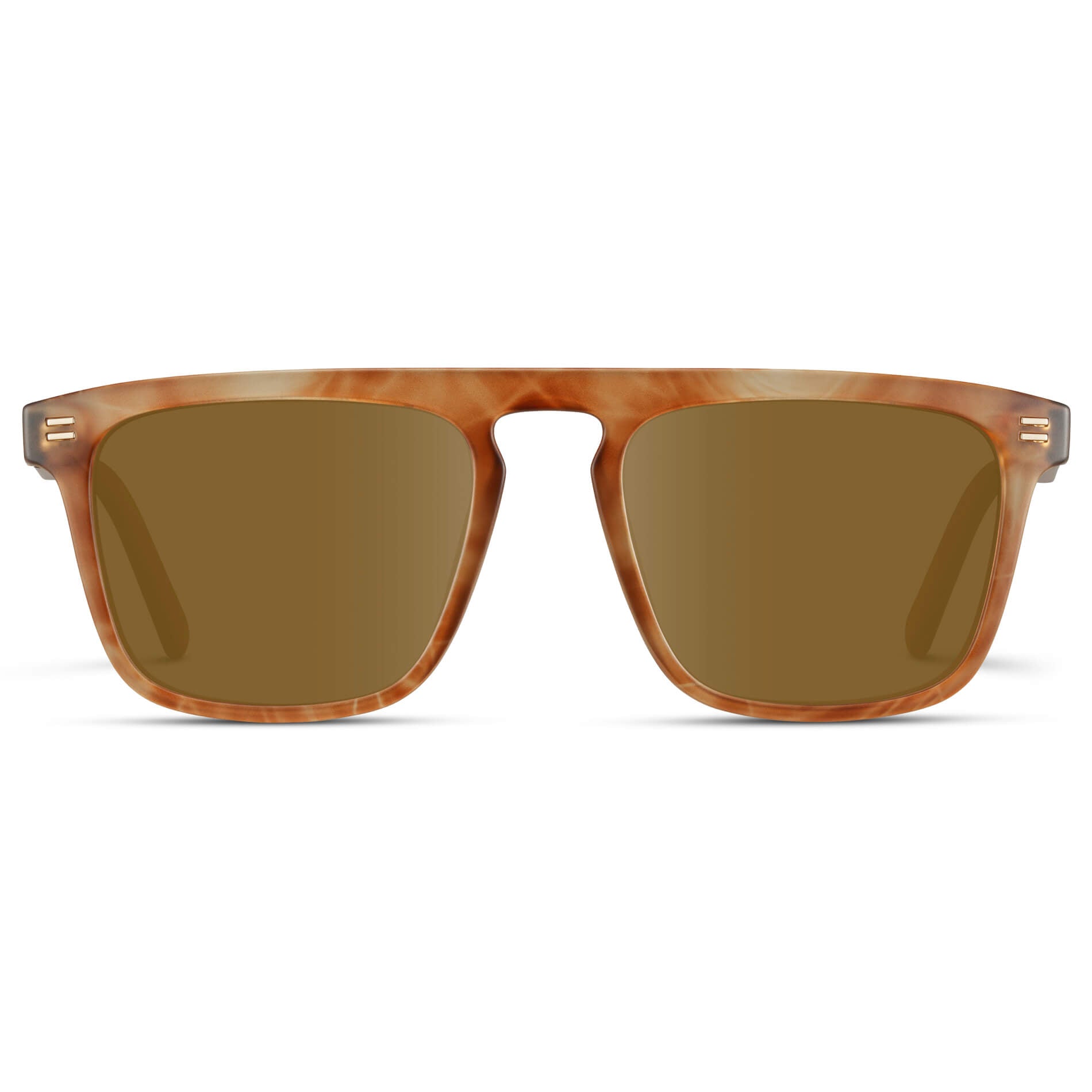 Frosted Oakwood Brown / Amber Lens || Sleek and modern eyeglasses with thick, straight lines with slightly rounded corners in frosted oakwood brown frame with brown lens
