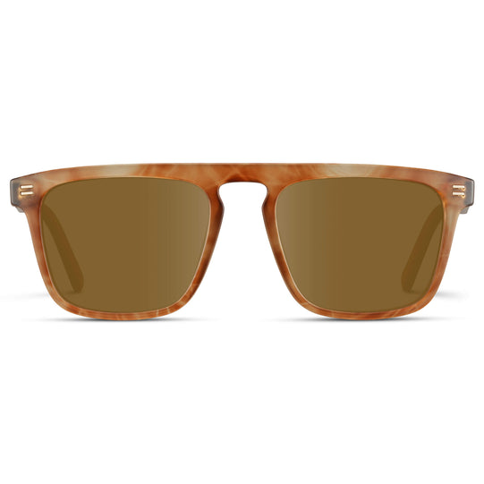 Frosted Oakwood Brown / Amber Lens || Sleek and modern eyeglasses with thick, straight lines with slightly rounded corners in frosted oakwood brown frame with brown lens
