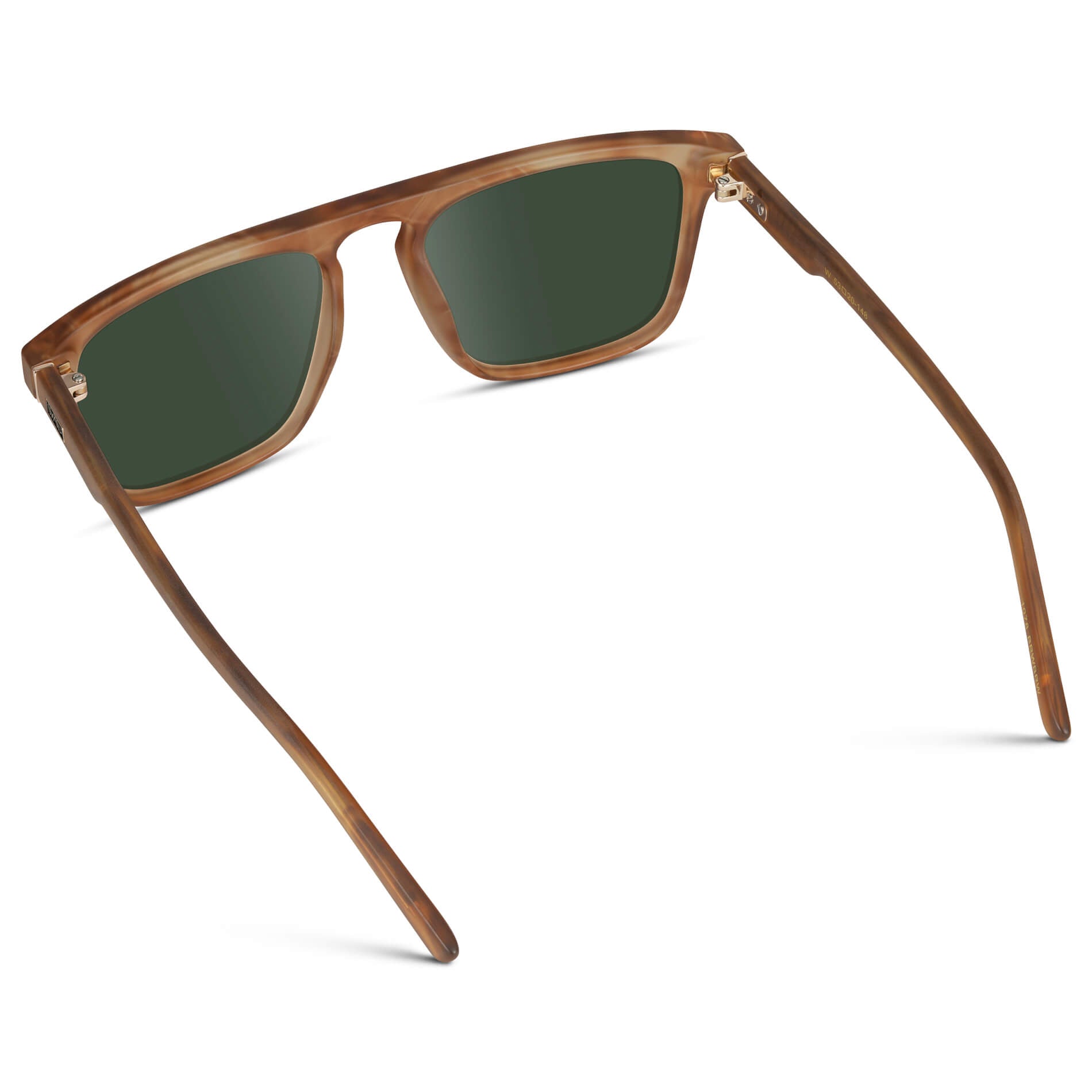 Frosted Oakwood Brown / G15 Lens || Sleek and modern eyeglasses with thick, straight lines with slightly rounded corners in frosted oakwood brown frame with green lens