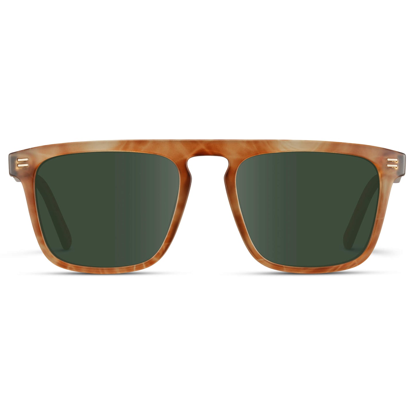 Frosted Oakwood Brown / G15 Lens || Sleek and modern eyeglasses with thick, straight lines with slightly rounded corners in frosted oakwood brown frame with green lens