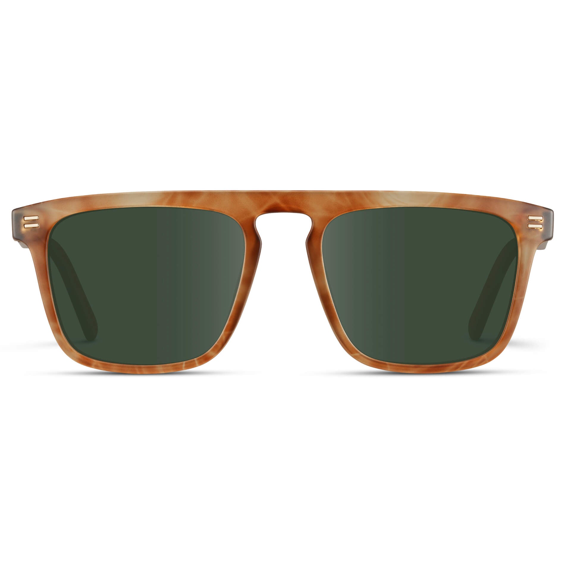 Frosted Oakwood Brown / G15 Lens || Sleek and modern eyeglasses with thick, straight lines with slightly rounded corners in frosted oakwood brown frame with green lens