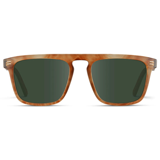 Frosted Oakwood Brown / G15 Lens || Sleek and modern eyeglasses with thick, straight lines with slightly rounded corners in frosted oakwood brown frame with green lens