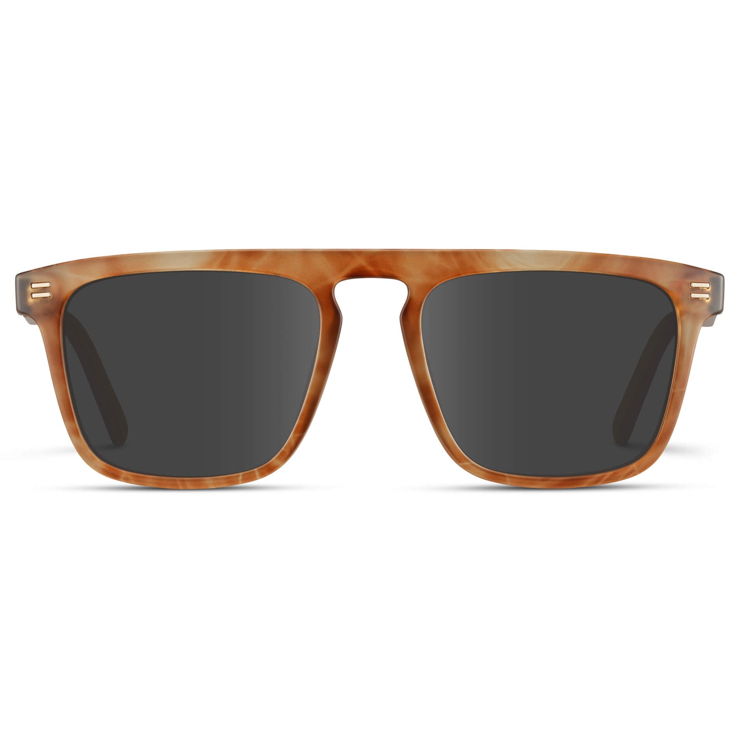 Frosted Oakwood Brown / Grey Lens || Sleek and modern eyeglasses with thick, straight lines with slightly rounded corners in frosted oakwood brown frame with dark grey lens