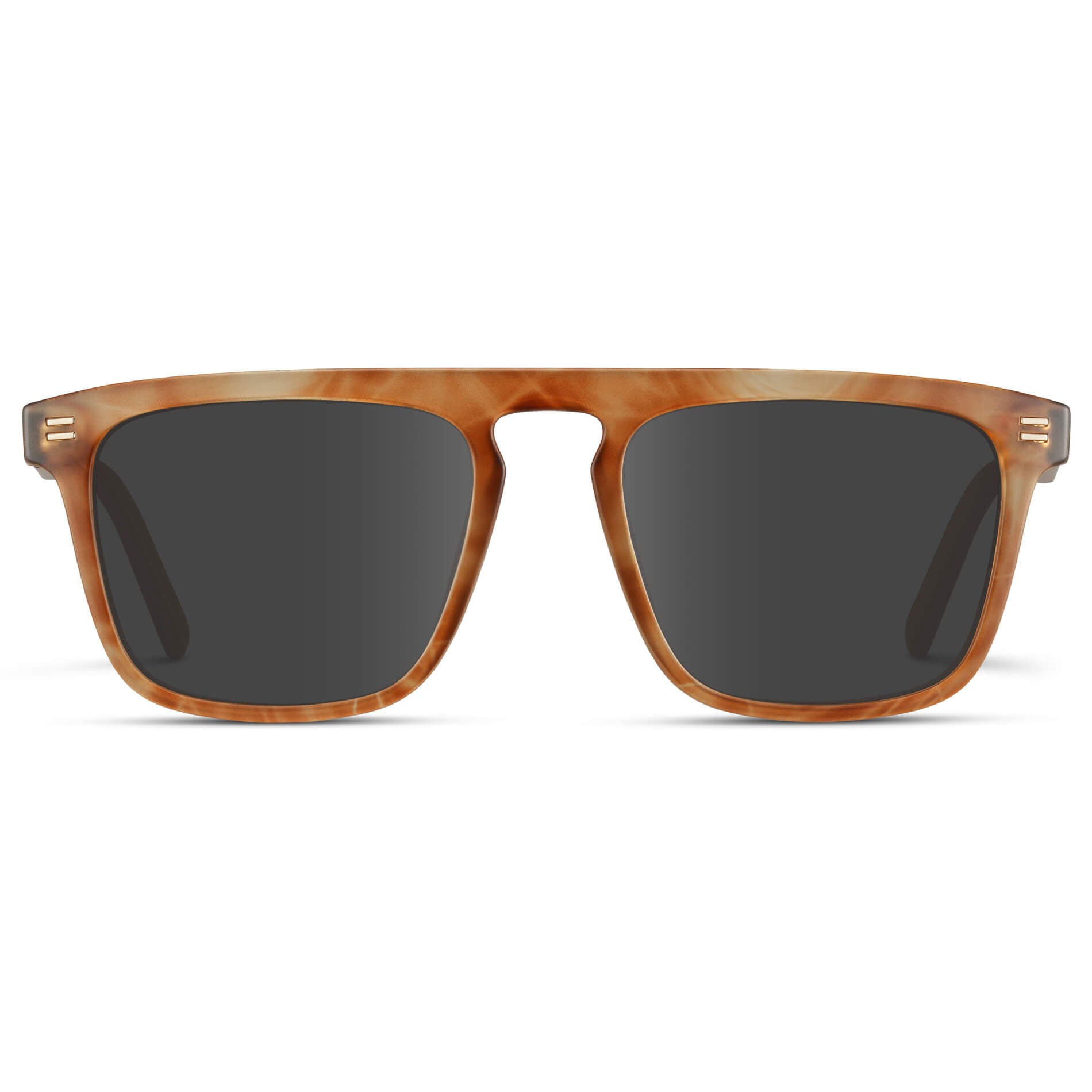 Frosted Oakwood Brown / Grey Lens || Sleek and modern eyeglasses with thick, straight lines with slightly rounded corners in frosted oakwood brown frame with dark grey lens