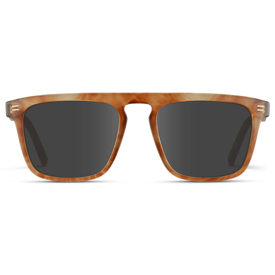 Frosted Oakwood Brown / Grey Lens || Sleek and modern eyeglasses with thick, straight lines with slightly rounded corners in frosted oakwood brown frame with dark grey lens