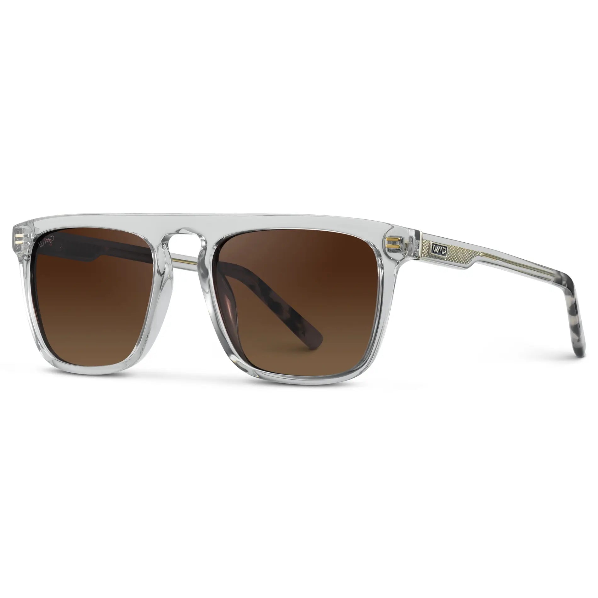 Ice Grey / Brown Gold Gradient Lens || Side view of Men's Ice Grey Square Sunglasses with Brown Gold Gradient Polarized Lenses on a white background