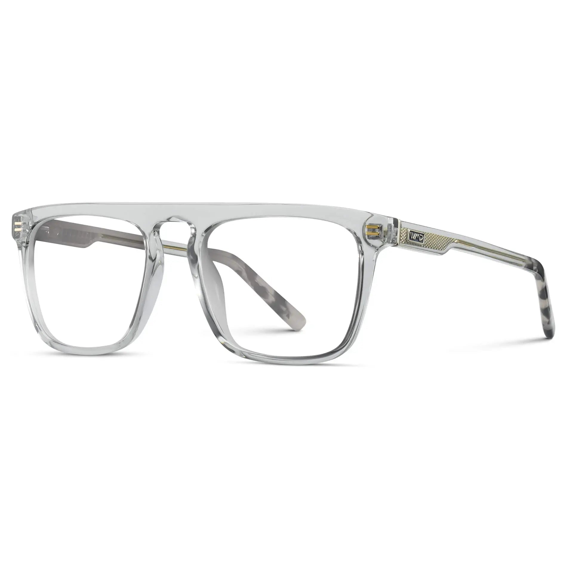 Ice Grey || Side view of Men's Oversized Square Prescription Glasses with Ice Grey Frames and Clear Lenses on a white background