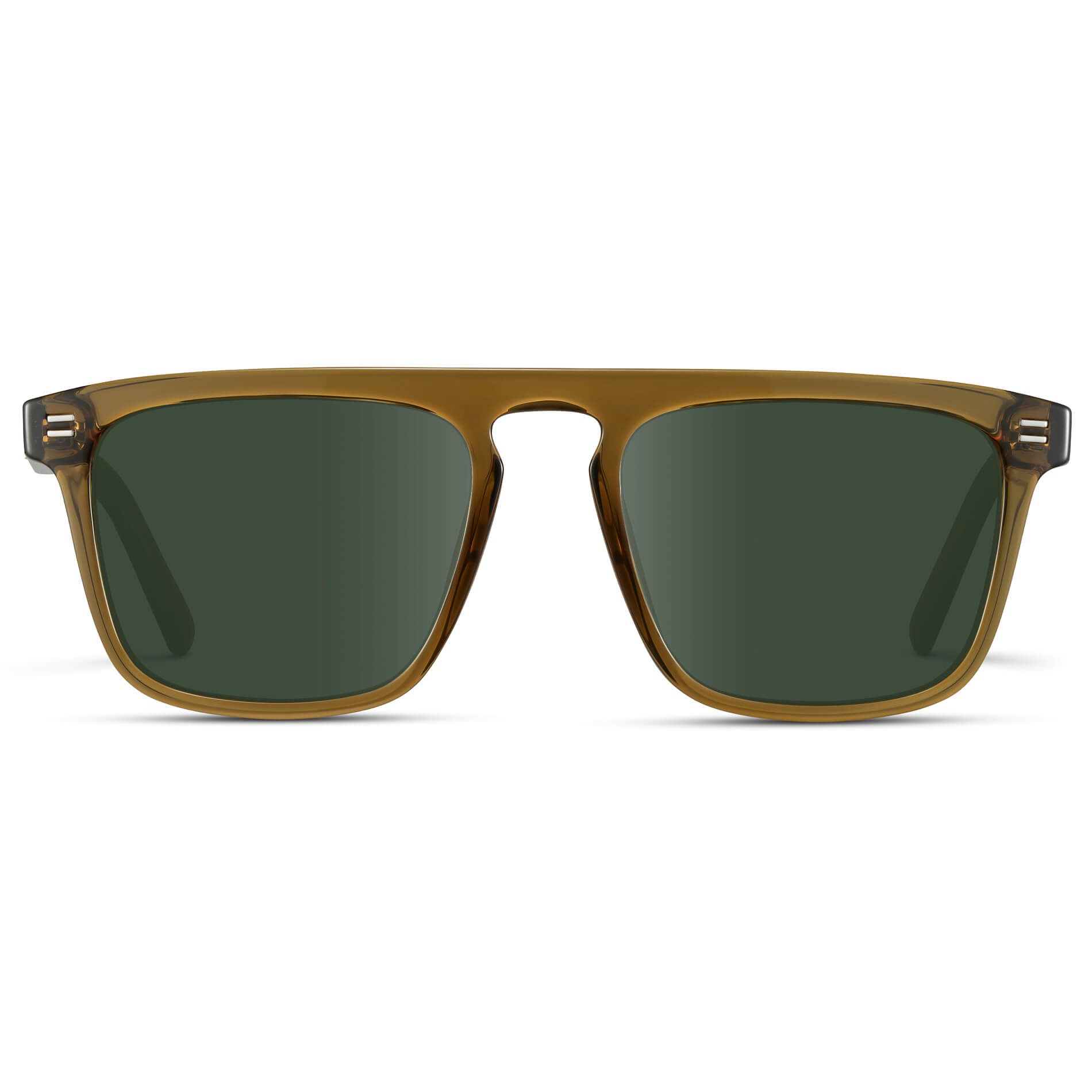 Crystal Verde / G15 Lens || Sleek and modern eyeglasses with thick, straight lines with slightly rounded corners in crystal verde frame with dark green lens
