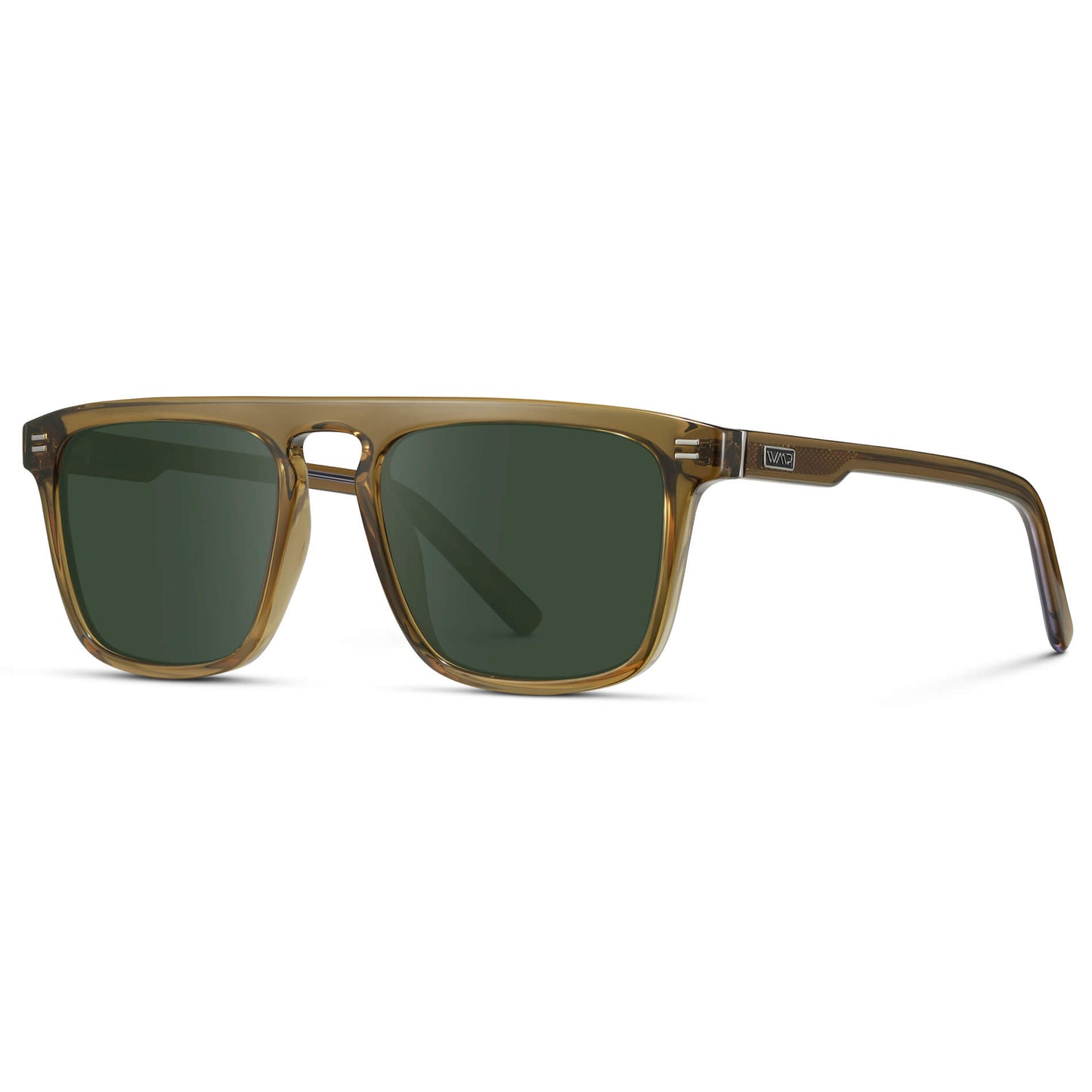Crystal Verde / G15 Lens || Sleek and modern eyeglasses with thick, straight lines with slightly rounded corners in crystal verde frame with dark green lens