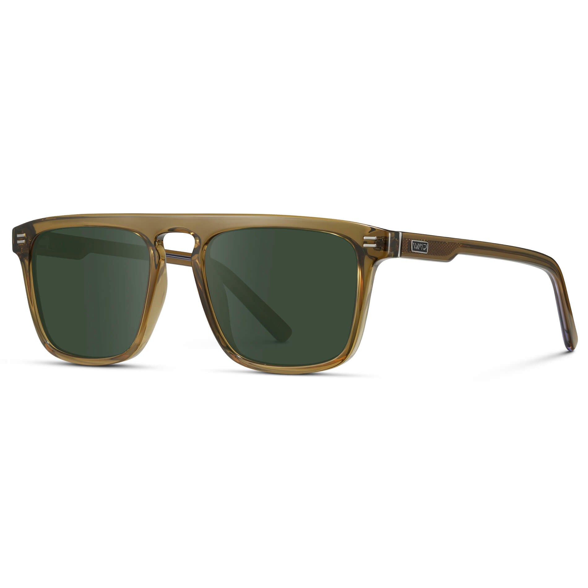 Crystal Verde / G15 Lens || Sleek and modern eyeglasses with thick, straight lines with slightly rounded corners in crystal verde frame with dark green lens