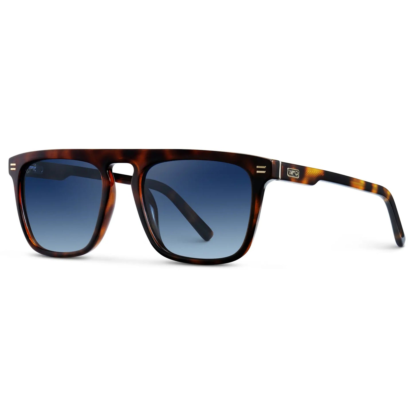 Brown Tortoise / Blue Gradient Lens || Side view of Men's Brown Tortoise Square Sunglasses with Blue Gradient Polarized Lenses on a white background